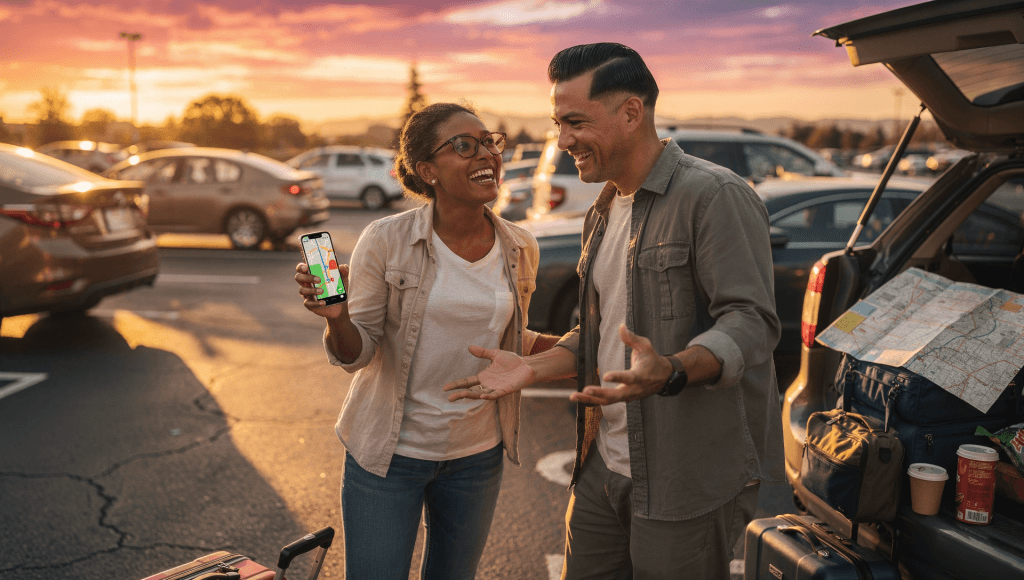 Married couple laughing in a parking lot after a messy plan, symbolizing celebrating the spouse who tries even when things don’t go perfectly.