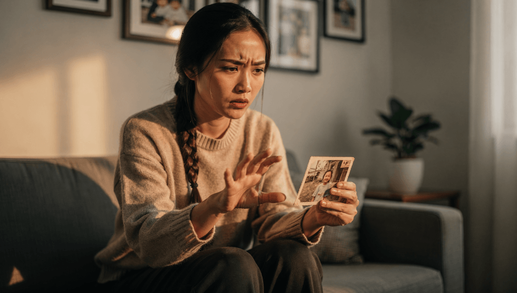 Adult holding childhood photo while reaching forward, choosing growth instead of staying stuck in their backstory