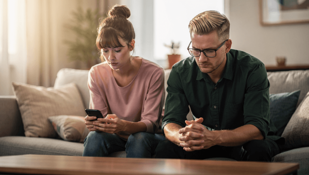 Husband and wife vulnerably talking about why they use phones to avoid hard feelings, a deeper From Scroll to Soul Talk moment.