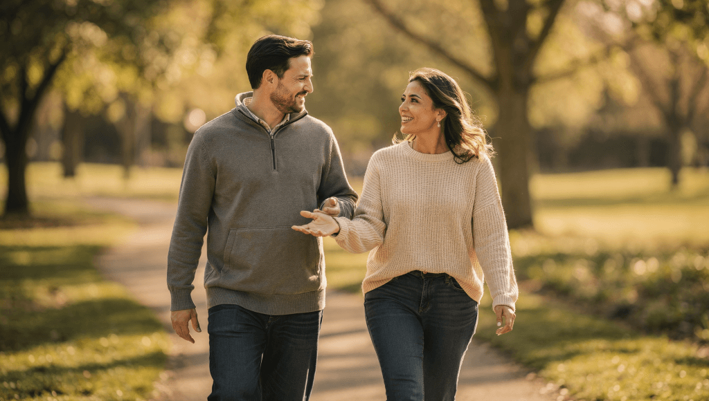 One spouse reaching out a hand to the other while they walk, symbolizing gentle invitation to broaden the good together