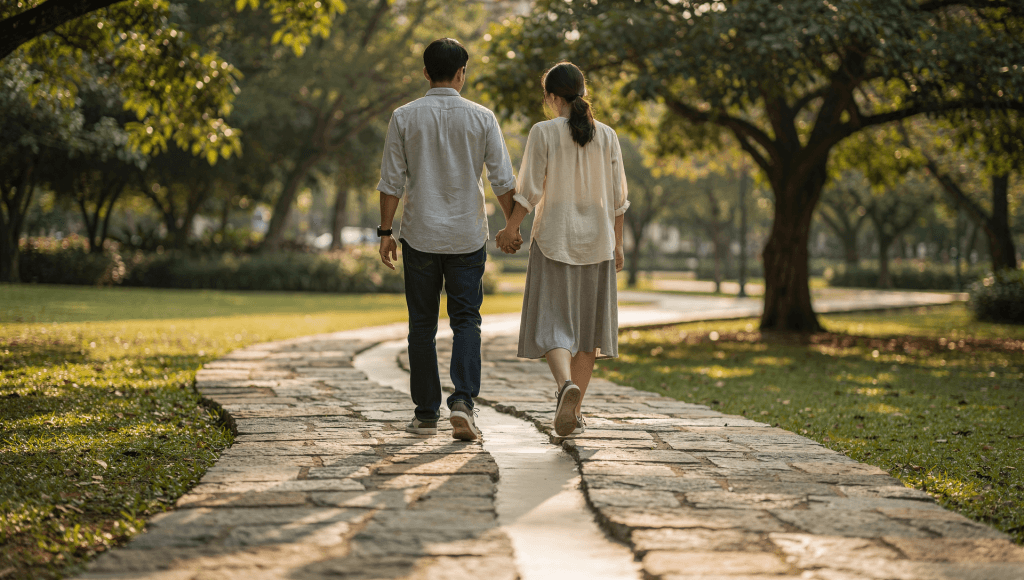 Married couple walking on a repaired path, representing rebuilding trust through connection by design after a close call