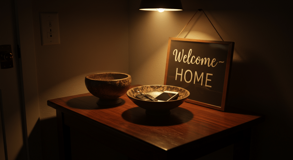 Entryway setup where the house sets the tone for presence by giving phones and keys a landing spot away from immediate distraction.