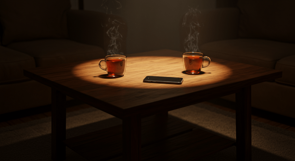 Phone set aside next to warm drinks, representing a noticed crossroads and a choice to lean from scroll to soul talk.