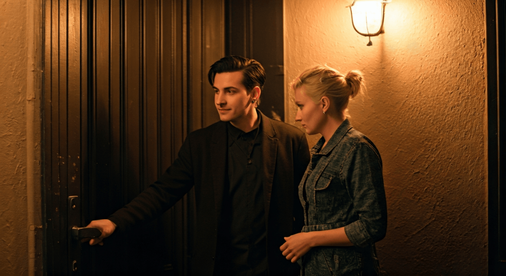 Married couple facing the hidden fear behind marriage ideas as they stand outside a new restaurant together.