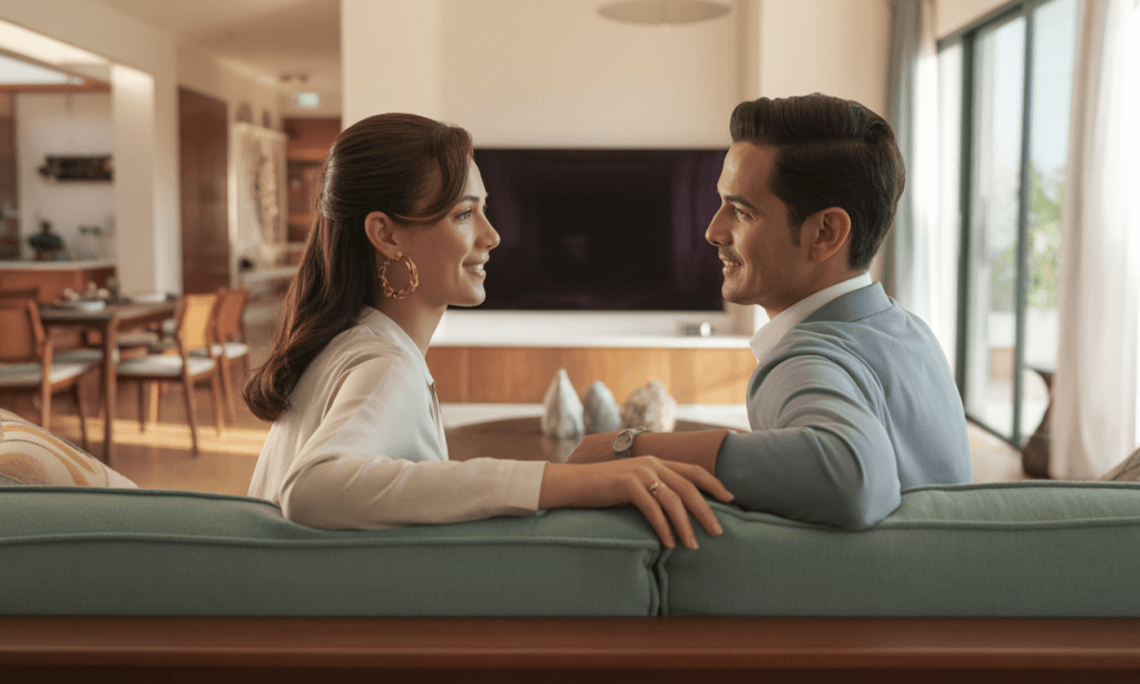 Living room where the house sets the tone for connection instead of constant TV by turning the couple toward each other.
