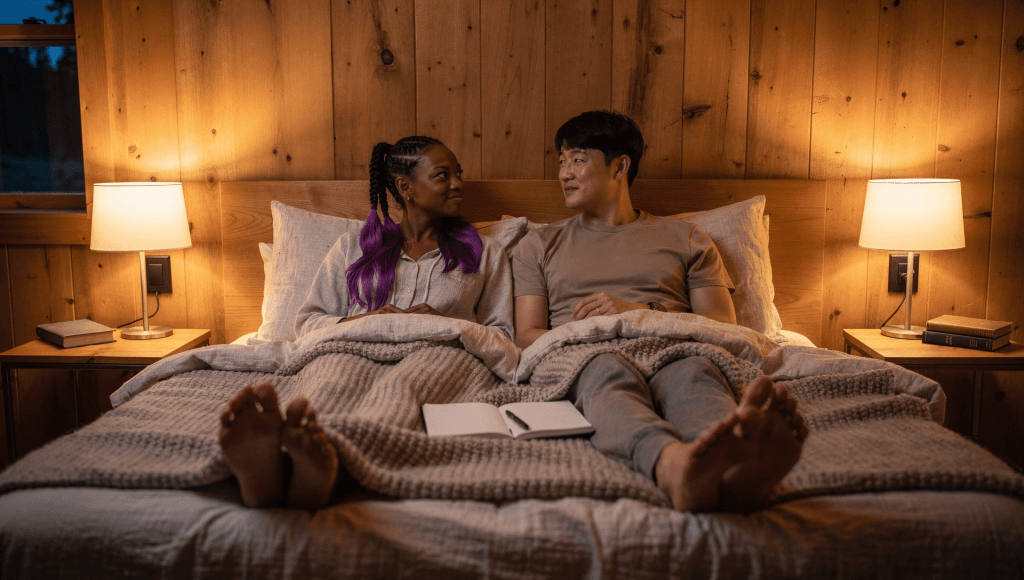 Couple trying a simple From Scroll to Soul Talk experiment with a notebook and no phones before bed.