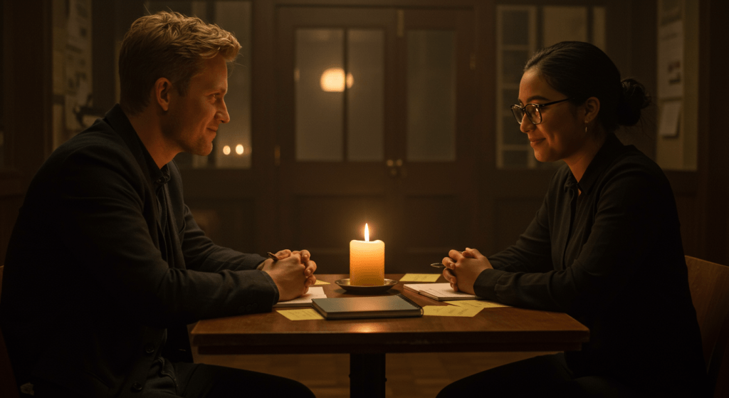 Husband and wife doing a simple weekly check-in ritual, using appreciation and gentle requests instead of letting frustration build into nagging.