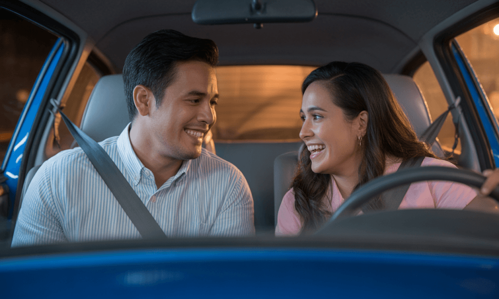 Couple laughing together in a car after a less-than-perfect outing, embodying the Try, Adjust, Repeat mindset on their new adventure.