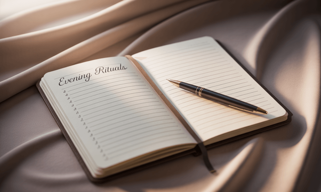 Notebook with a short list of evening rituals, representing the intention behind Pre-Deciding Your Evenings instead of relying on willpower.
