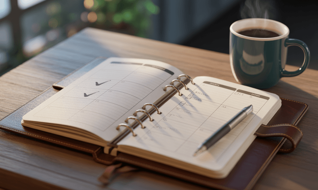 Open planner with small hearts marking intentional connection moments, illustrating a day designed for connection.