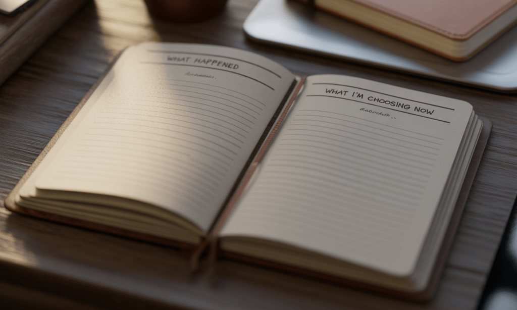 Open journal showing columns for past events and present choices in marriage