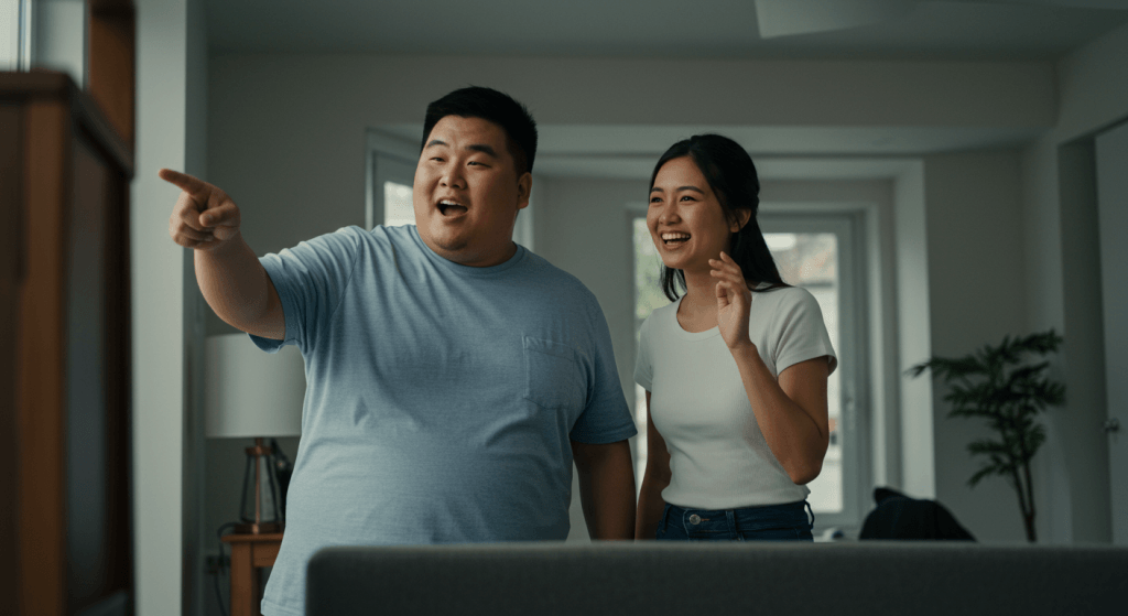 Couple collaborating on small changes to their home environment, showing how to design a home that pulls you together even when you start with different preferences.