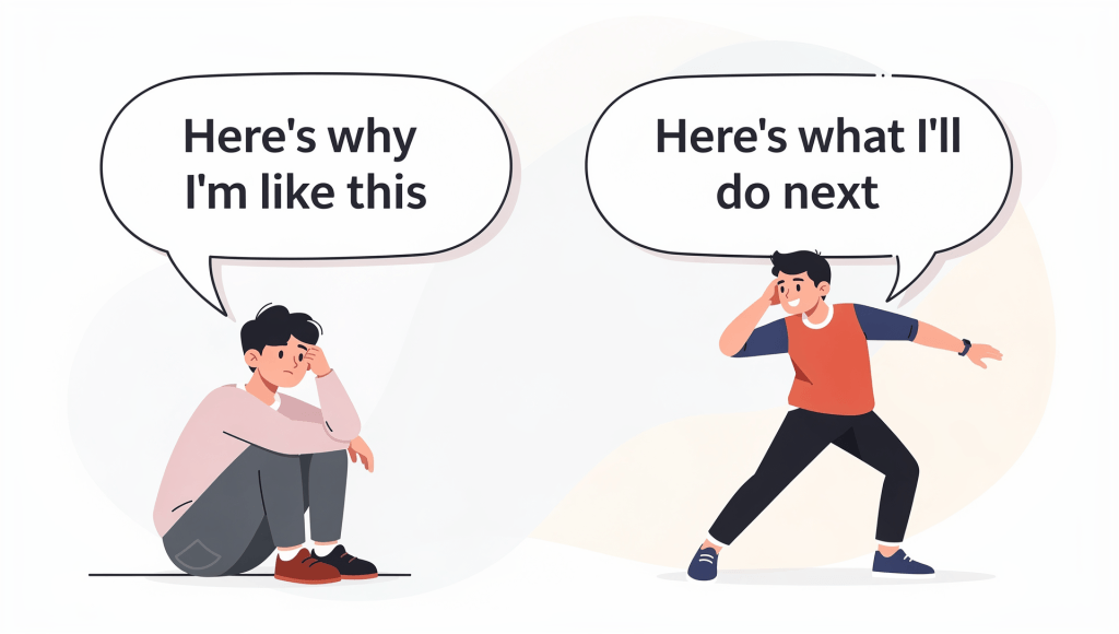 Contrasting speech bubbles showing explanation and action, symbolizing the shift from backstory excuses to growth in marriage