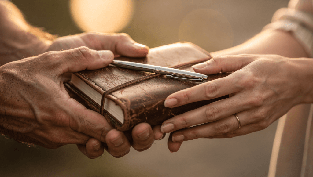 Couple holding a gratitude journal together, rebuilding a culture of affirmation at home so compliments get less complicated