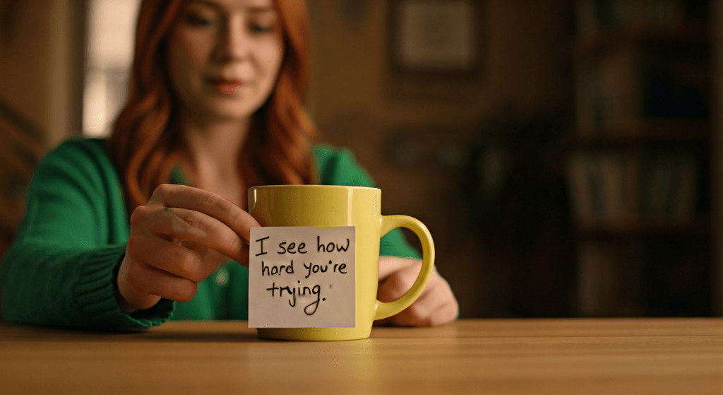 Close-up of a handwritten note by a coffee mug reading “I see how hard you’re trying,” illustrating daily honor deposits after quitting disrespect