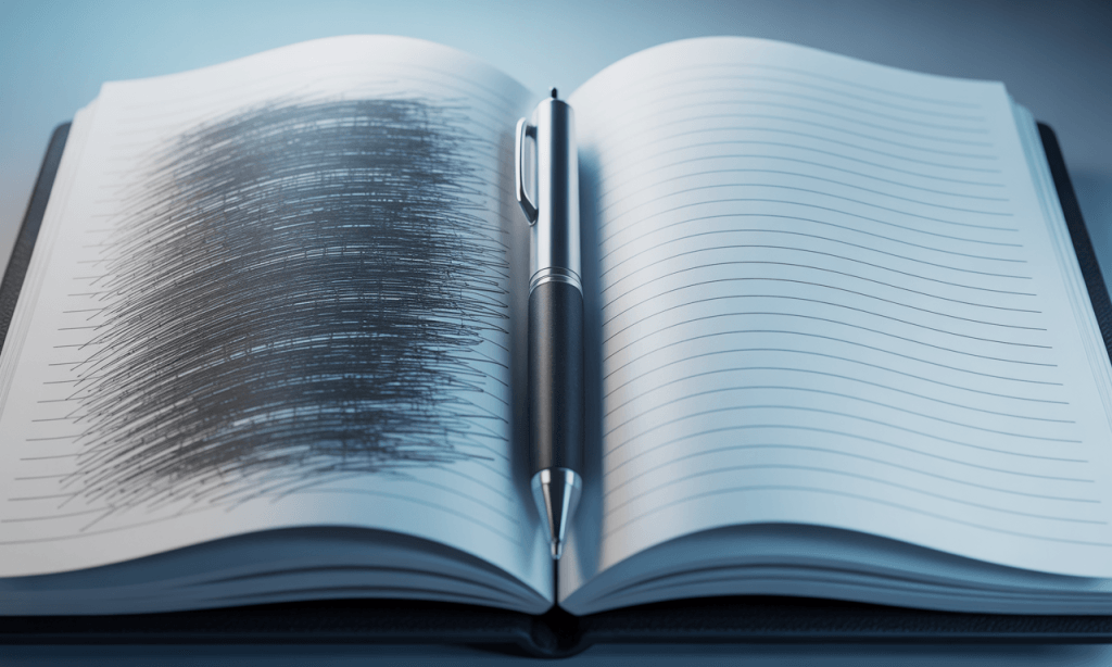 Open journal with messy lines crossed out and a blank page with a pen, symbolizing Forgive the Past, Take Back the Pen in your marriage story