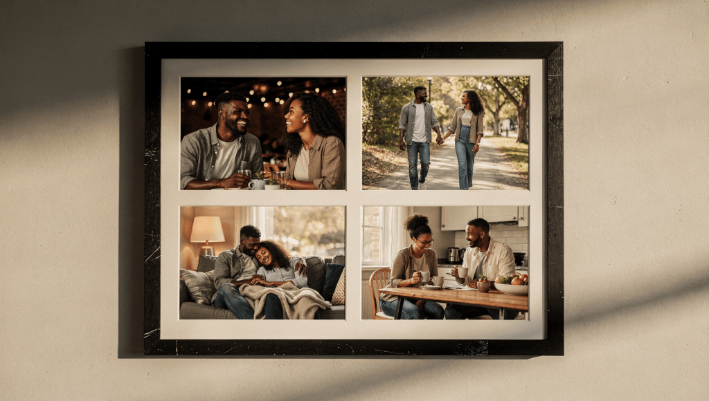 Photo wall showing small memories created by a couple who practiced Not My Strength Still Our Goal in their marriage.