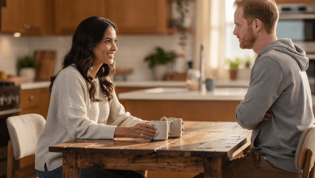 Spouse going first by creating a gentle invitation for conversation with coffee at the kitchen table.