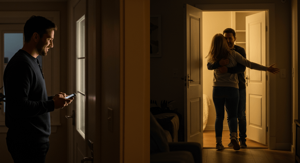 Comparison of two arrival routines-one disconnected, one using Trigger Stacking for Good with a hug at the door.