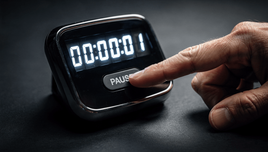 Finger pressing pause on a timer, representing the choice to slow the conversation down when early warning signs appear