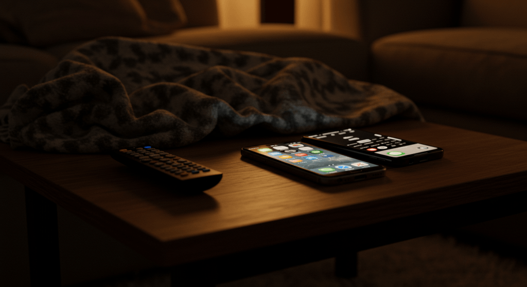 Living room scene showing the default habits that often replace intentional marriage time.