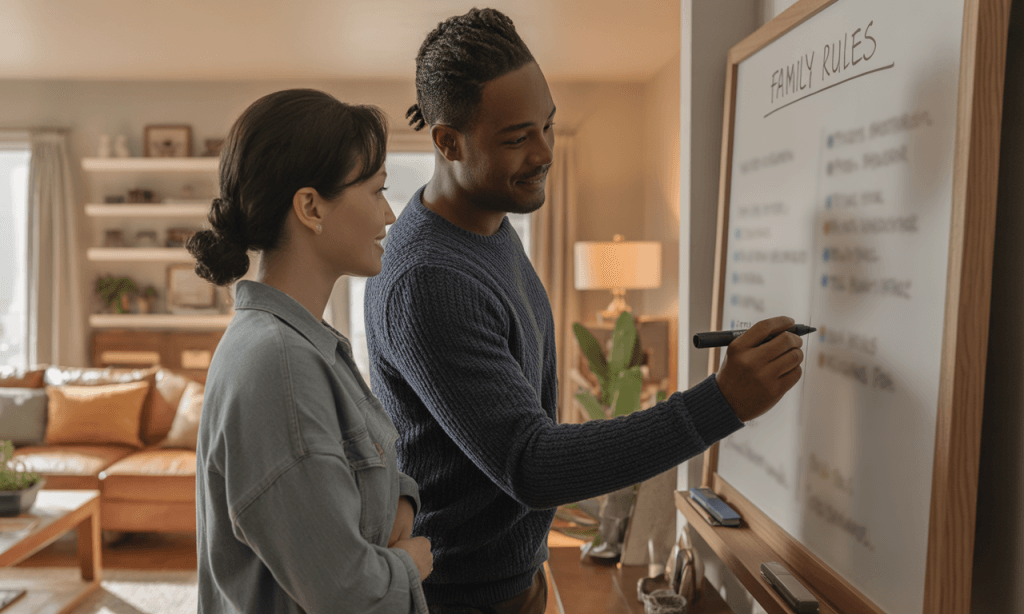Couple writing shared boundaries on a whiteboard, creating better boundaries together