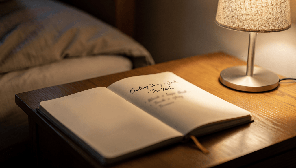 Bedside journal tracking daily progress on quitting being a jerk in marriage