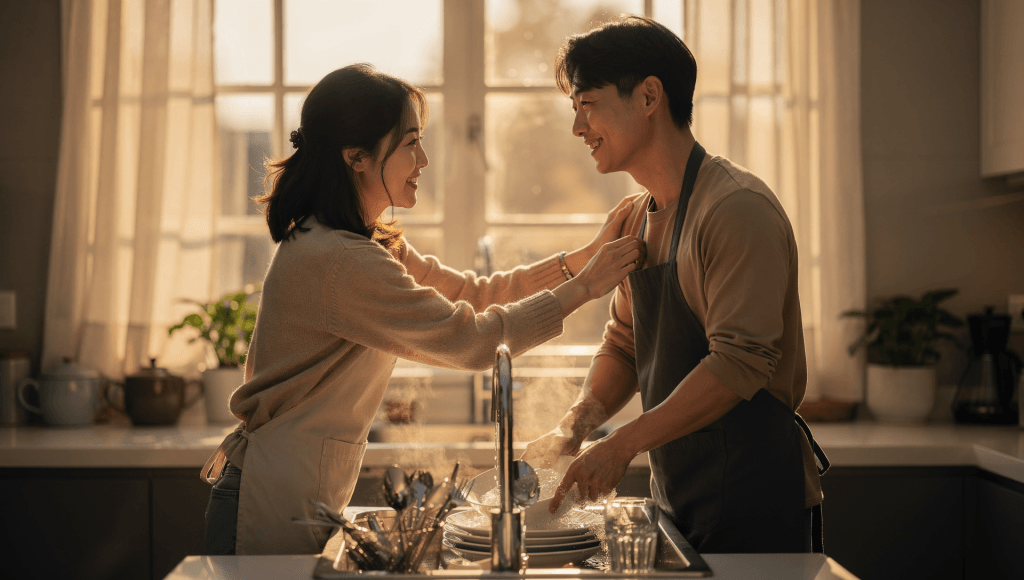 Spouse offering quiet support while doing dishes together, illustrating how silent sermons gently nudge change without nagging.