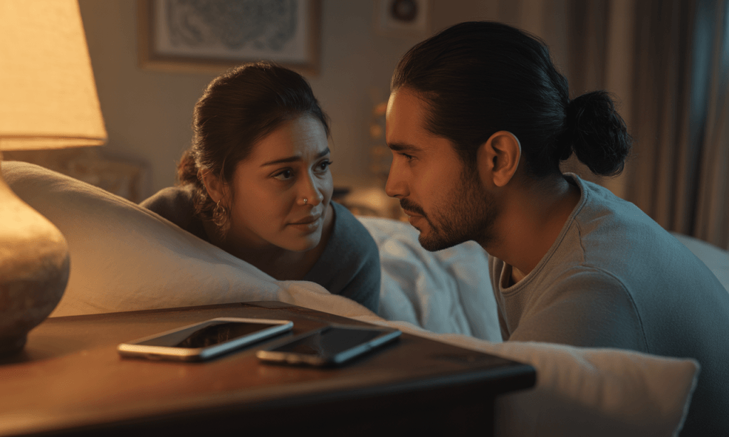 Couple talking at the edge of their bed with phones set aside, showing a small designed presence pocket instead of default rush