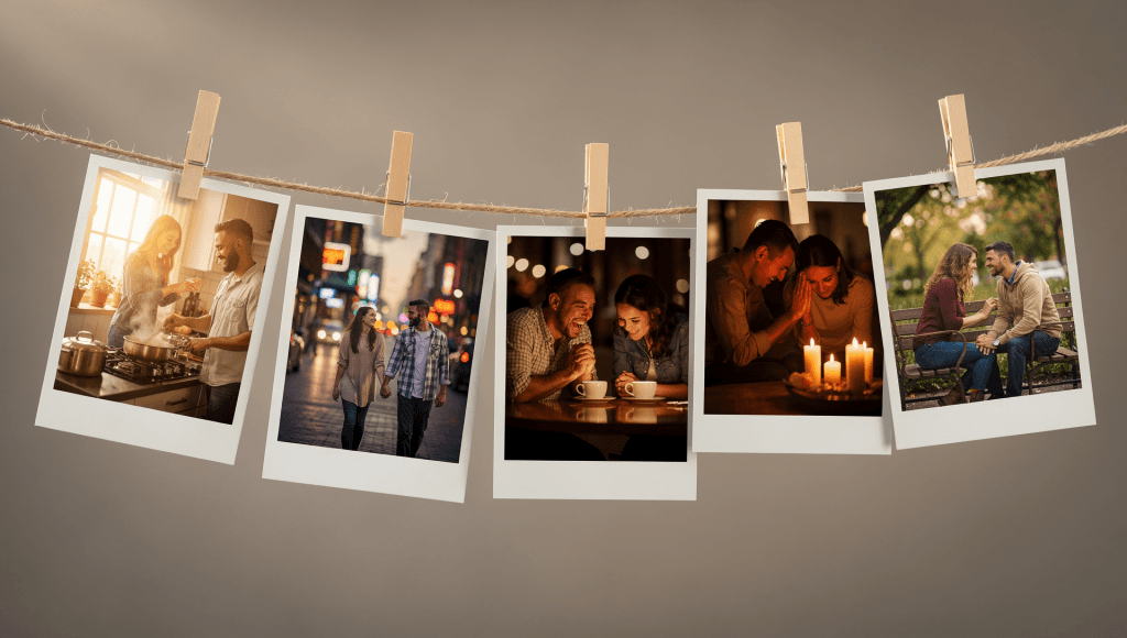 Row of small photos of a couple cooking, walking, and talking together, representing the everyday rhythms you build after quitting old habits