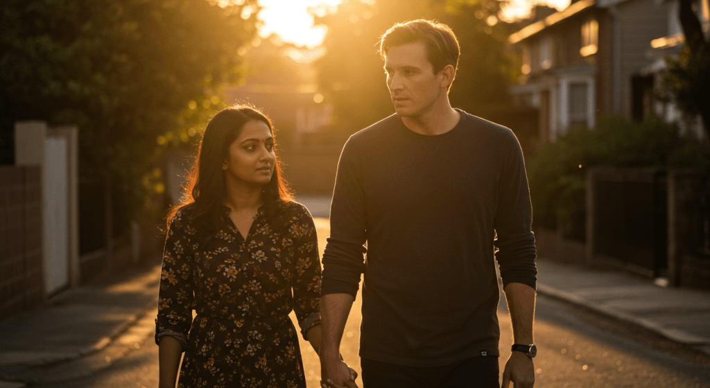 Husband and wife walking down a sidewalk side-by-side, symbolizing rebuilding trust slowly after slipping back into old habits