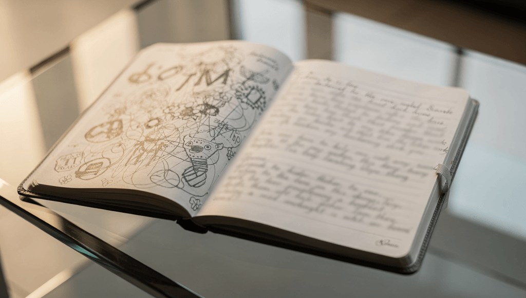 Journal showing messy writing on one page and fresh, clear writing on the next, representing The Past Is a Place for Lessons, not a life sentence