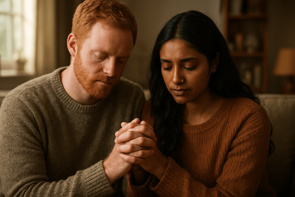 Husband and wife practicing a small shared prayer habit, illustrating Try, Adjust, Repeat on spiritual routines.