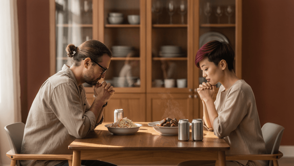 Spouses going first in spiritual leadership by pausing to pray together at the table, setting a tone of humility and connection.
