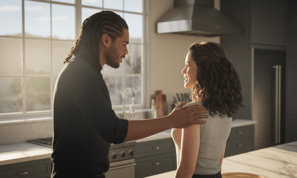 Spouse placing a gentle hand on their partner’s shoulder in the kitchen, illustrating a reset moment after slipping back into old habits