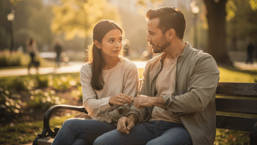 One spouse offering a gentle hand to the other on a bench, representing an invitation into marriage in the present tense without pressure