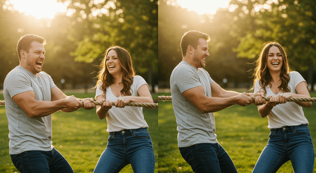 Couple first in a tug-of-war and then pulling the rope together, representing shifting from rivalry to teamwork because your spouse is not your rival