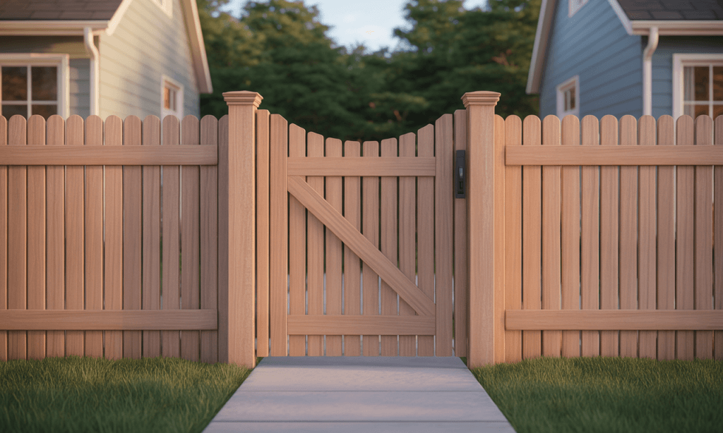 Simple fence with a gate between two homes, symbolizing moving from broken to better boundaries in marriage