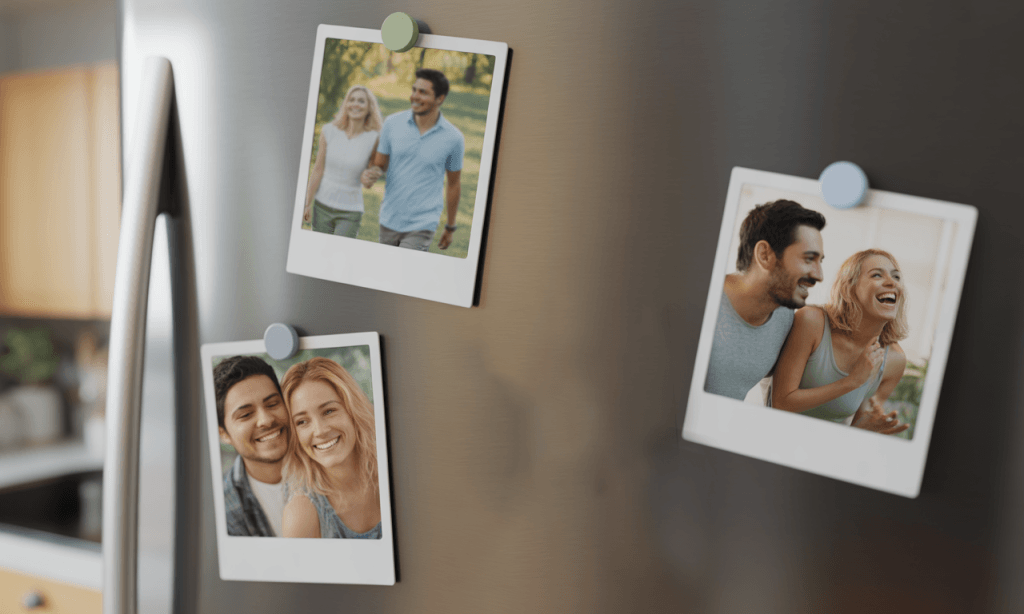 Photo strip on the fridge capturing memories that started as best marriage ideas.