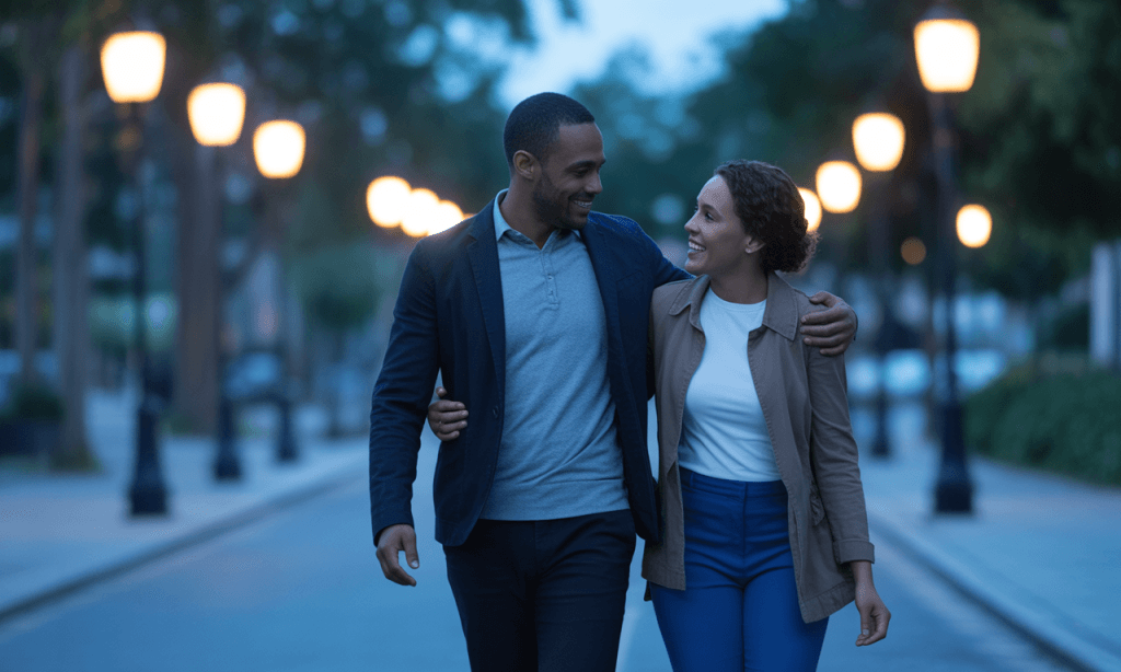 Spouses walking and laughing together, visually capturing the idea of gentle nudging toward growth instead of nagging.