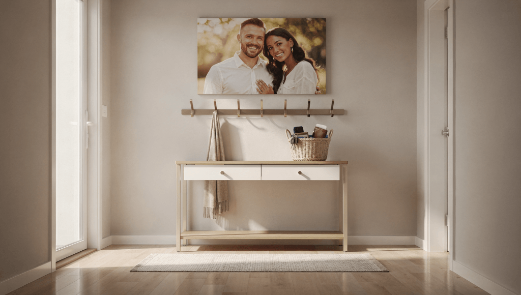 Entryway designed as a transition space that invites couples to pause, put devices down, and reconnect as they come home.