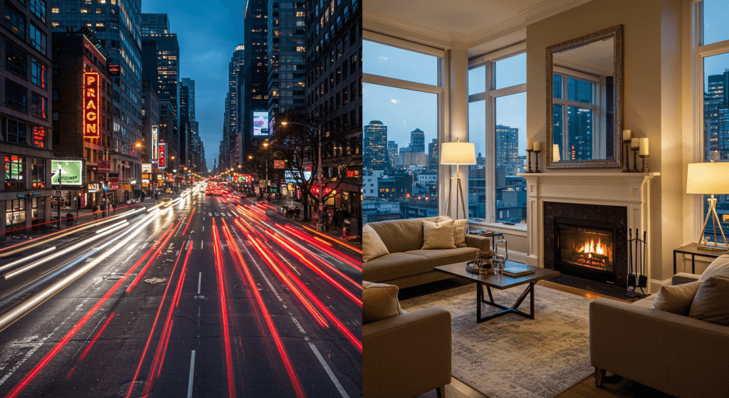 Blurry crowd rushing in the city contrasted with a peaceful living room to show the choice to quit the rush at home