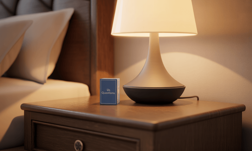 Deck of simple prompt cards by the bed to help couples easily move from scroll to soul talk at the end of the day.