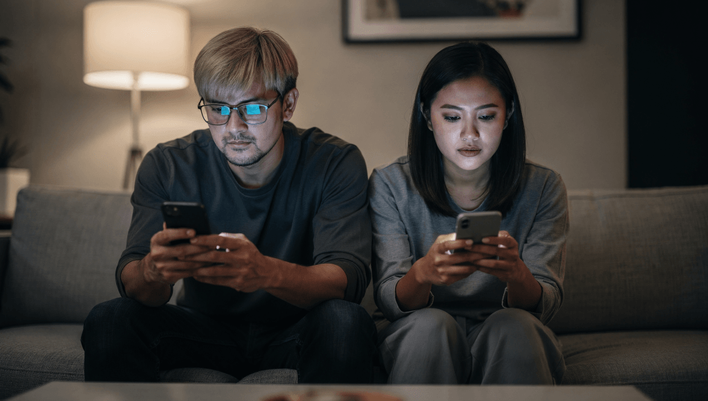 Couple sitting side by side on a couch but disengaged, illustrating how micro-choices in posture and attention affect closeness
