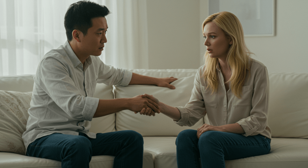 Lighthouse Spouse choosing to Go First in repair, extending a hand for reconnection after tension.