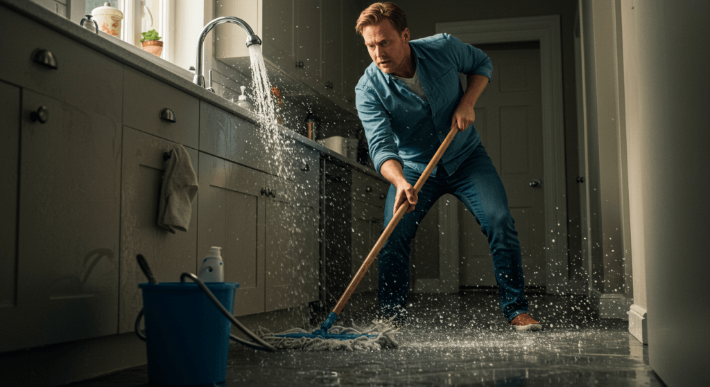 Person mopping while water still overflows from a sink to show that subtraction heals faster when you turn off the source of the problem