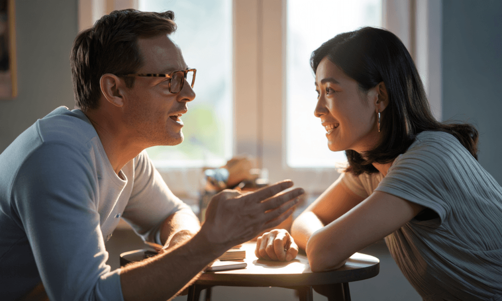 Husband listening attentively as his wife speaks across a small table, illustrating what you build after quitting interruptions