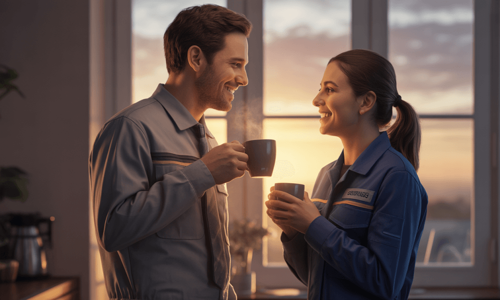 Couple in work uniforms sharing coffee before a shift, using breakfast rhythms to strengthen their marriage even with unusual schedules