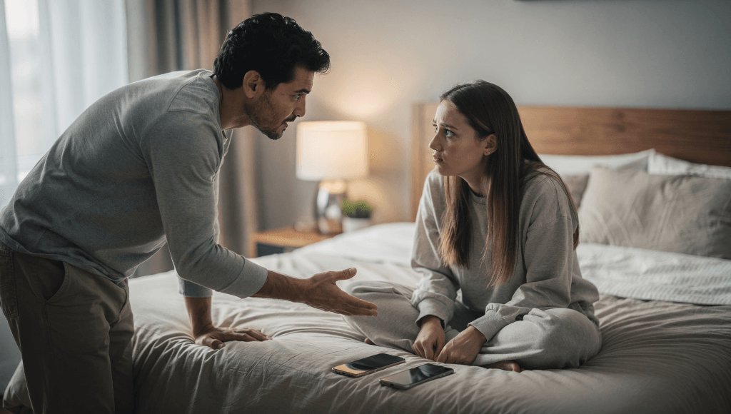 Spouse choosing to be the trigger for reconnection at bedtime by reaching out instead of scrolling.