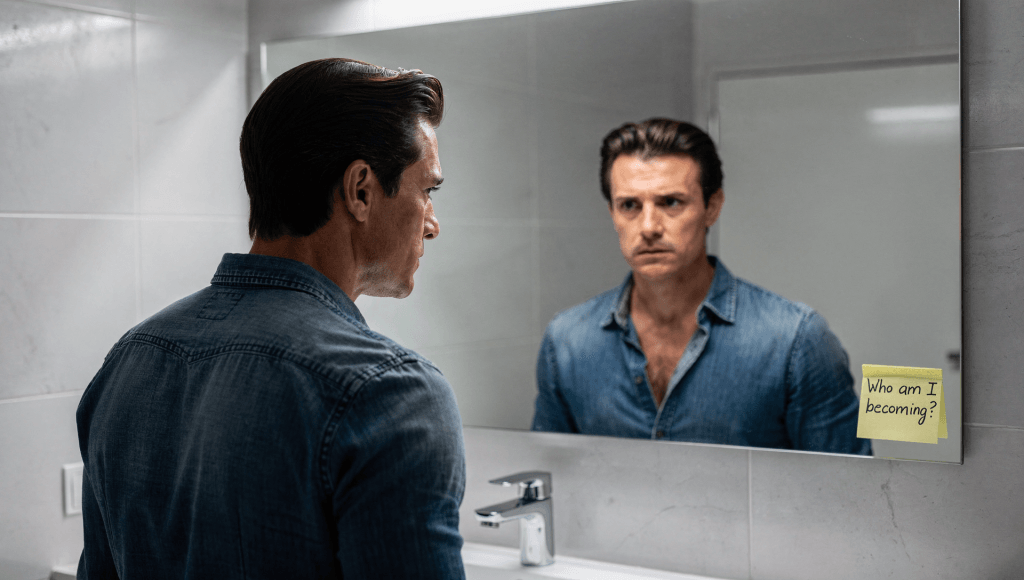 Spouse reflecting in the mirror about the kind of person they want to be, reframing what trying looks like when they feel like the only one trying.
